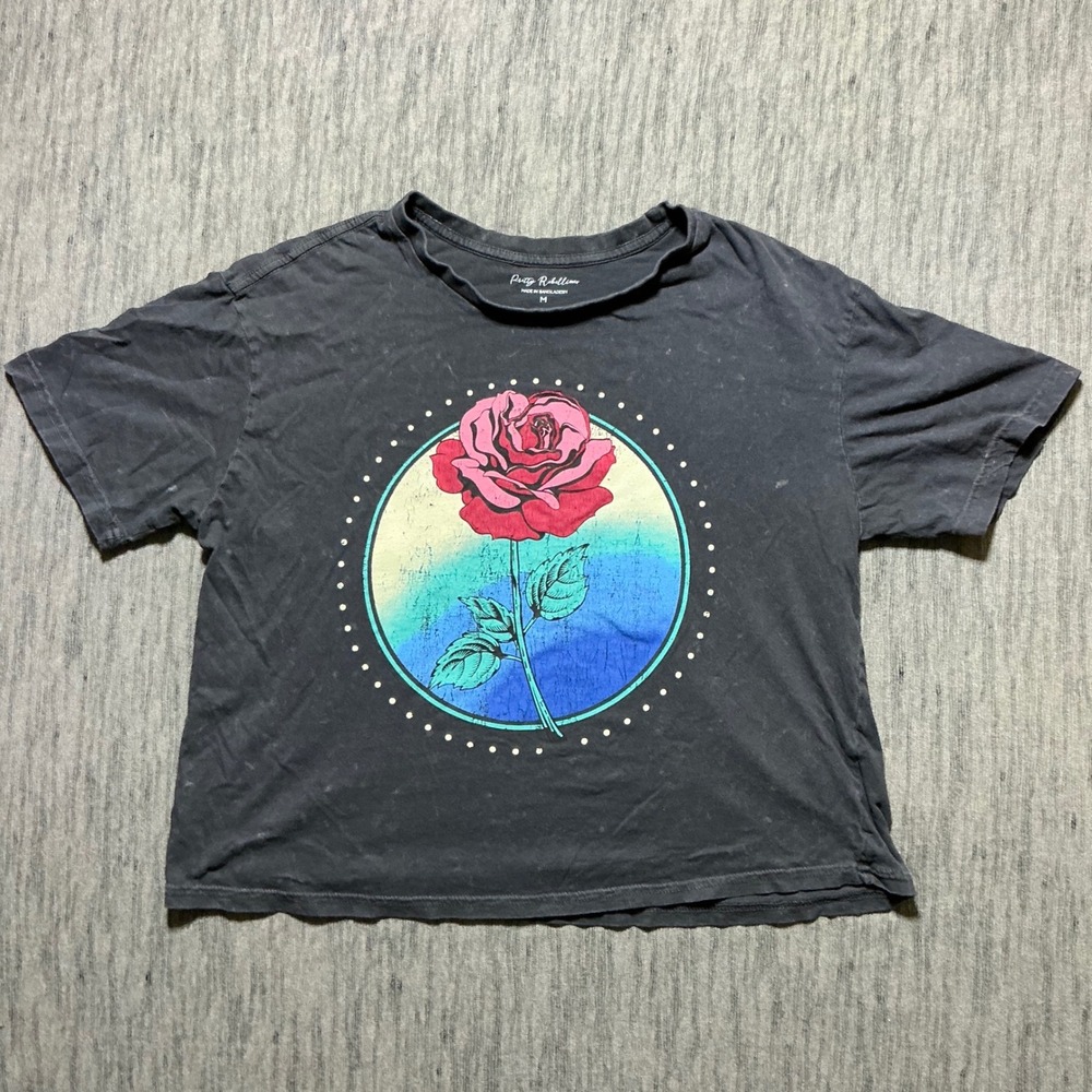Pretty Rebellious Womens Gray Rose Graphic Boxy Crop T-Shirt Size M